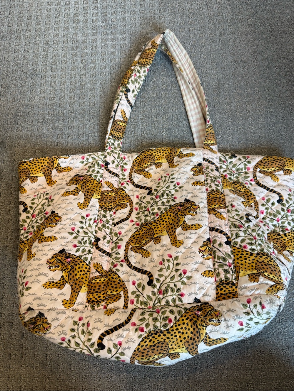 Printfresh Quilted Leopard-Print Tote in Yellow and White with Green Accents